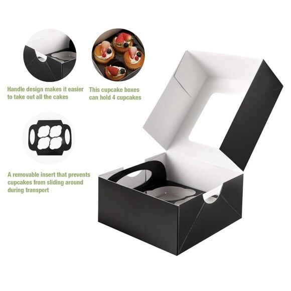 25 Black Cupcake Boxes, 4 Count Cupcake Containers with Window and Inserts, 6... - Picture 3 of 5